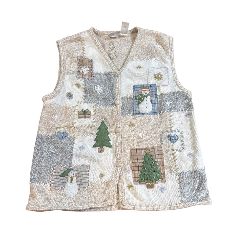ERIKA Sweater Vest Women Cream Christmas Patchwork Snowman Vintage SIZE L